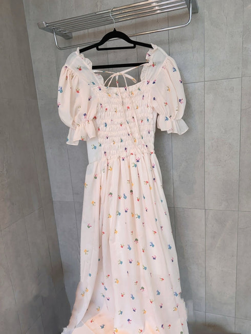 Aesthetic Floral Print Puff Sleeves Long Flowey Dresses